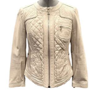 Tory Burch Soft Beige Quilted Leather Jacket Gold Full Zip Womens Size XS